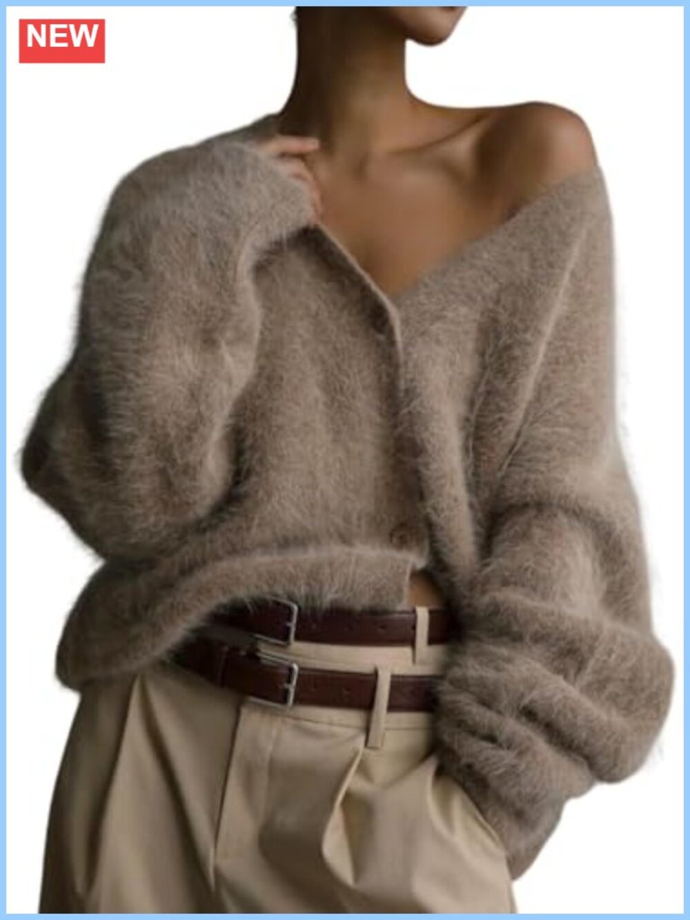Fuzzy Button Down V Neck Cardigan Sweater Loose Fit Knit